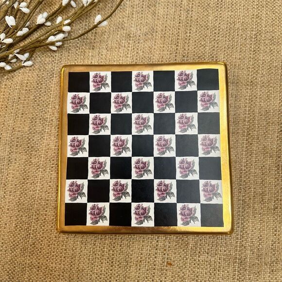 MacKenzie-Childs Other - MacKenzie Childs Gilded Trivet Courtly Check‎ Rose Handpainted Ceramic 6x6” 1 pc